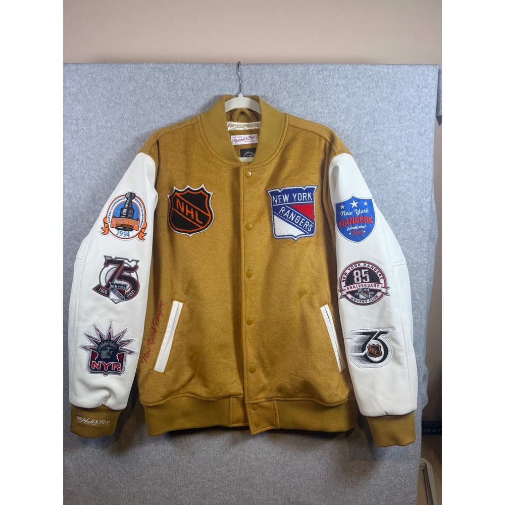 Mitchell & Ness New York Rangers NHL Varsity Jacket Mustard Yellow Mens Large